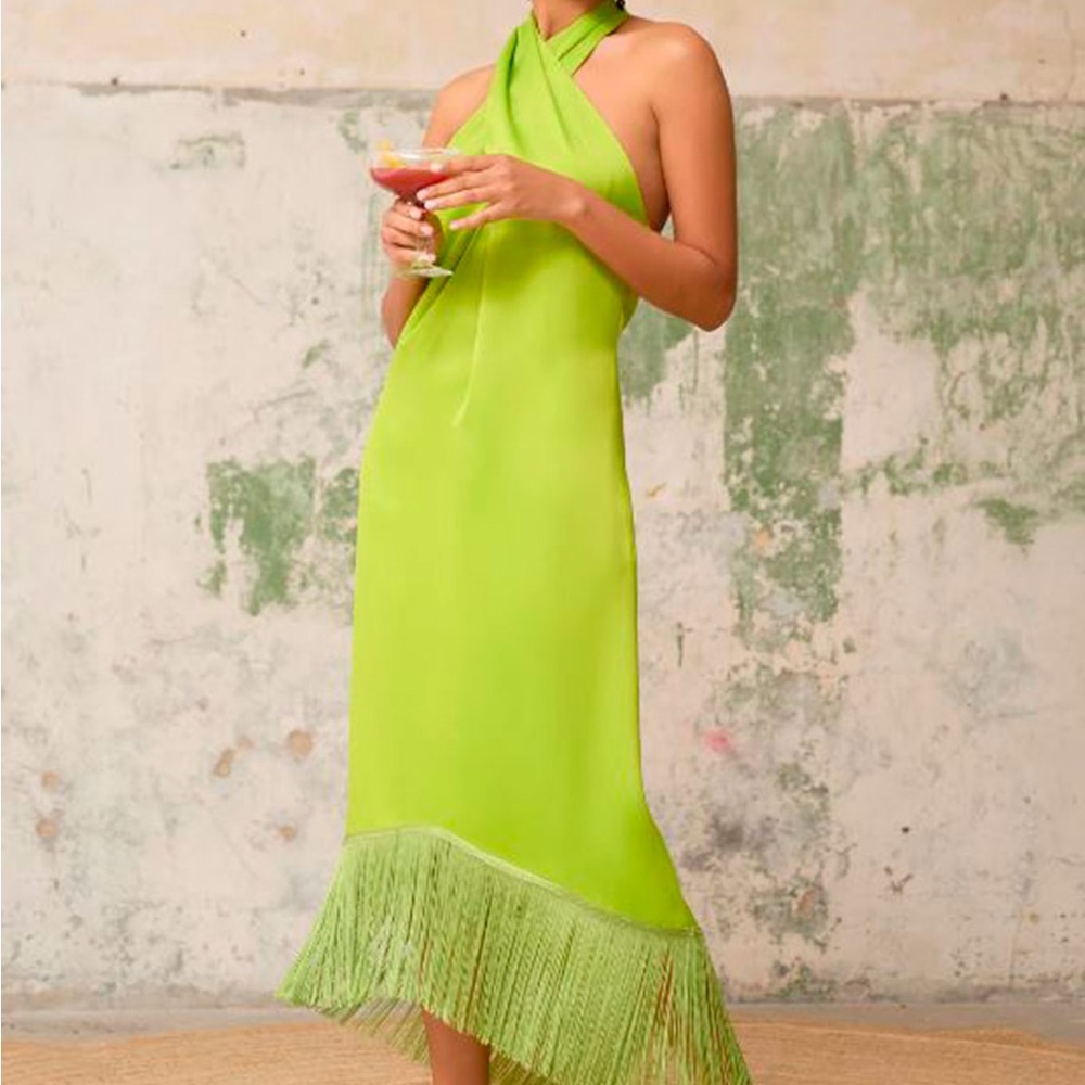Lady Pipa Pepa Lime Green Halter Fringe Dress